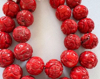 Natural 22mm Carved Red Coral Beads, Large Round Coral Beads, Statement Jewelry Supplies, Luxury Necklace Bracelet Making, 16 Inch Strand