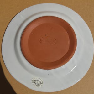 May include: A white ceramic plate with a wide rim, viewed from the underside. The center is a reddish-brown color, with a stamped design. A small sticker is visible on the rim.