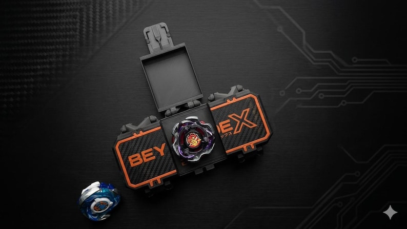 K&ouml;nnte beinhalten: Ein schwarzes und orangefarbenes Beyblade-Spielzeugset mit einem Kreisel in der Mitte. Das Set enth&auml;lt einen Werfer und einen Ersatzkreisel. Die W&ouml;rter "BEY" und "EX" sind auf dem Set sichtbar.