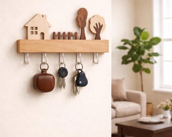Soporte de pared de madera para llaves con estante y 6 ganchos – Organizador rústico de entrada estilo granja, perchero de pared para llaves, regalo decorativo para correo