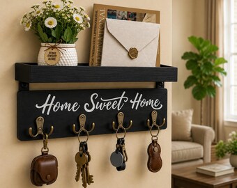 Estante de pared de madera para llaves, organizador de entrada con soporte para correo, perchero de pared con ganchos para llaves, decoración rústica, regalo de inauguración de casa