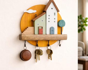 Estante de pared de madera para llaves con ganchos, organizador rústico para la entrada, perchero de pared para llaves, decoración de pared estilo granja, almacenamiento para la entrada, regalo de inauguración de casa