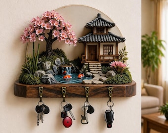 Portachiavi da parete con fiori di ciliegio giapponesi, portachiavi con giardino di carpe koi, organizer in legno per ingresso, 4 ganci, decorazione per la casa, regalo per l'inaugurazione della casa, montaggio a parete