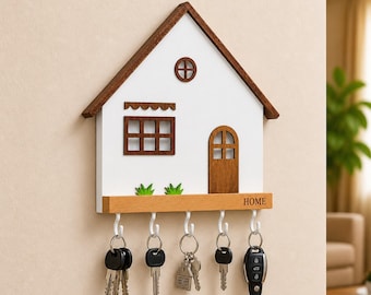 Modern Wooden Wall Key Holder House Shape, 5 Hook Key Rack, Rustic Entryway Organizer, Decorative Wall Hooks,Home Decor, Housewarming Gift