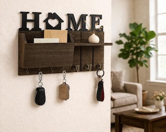 Soporte de madera para llaves de pared con estante, organizador de llaves y correo para la entrada, colgador de llaves de estilo rústico para bolsos, abrigos, paraguas, regalo de inauguración de casa