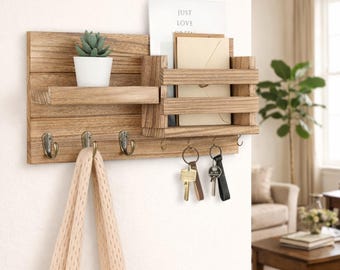 Organizador de correo rústico de pared con soporte para llaves, estante de entrada, perchero de pared para llaves, soporte para correa de perro, decoración de estilo granja, regalo de inauguración de casa