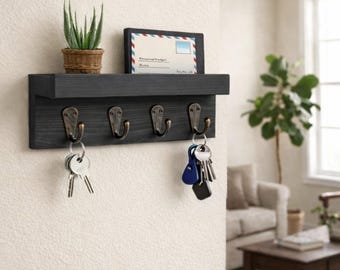 Soporte de pared rústico de madera para llaves, perchero para llaves de entrada con estante, organizador de correo, colgador de llaves, decoración de estilo rústico para el hogar, regalo de inauguración de casa