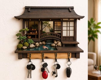 Retro Japanese Wall Key Holder,Wooden Key Hook Rack with Shelf,Entryway Organizer, Rustic Farmhouse Decor, Kitchen Storage,Housewarming Gift