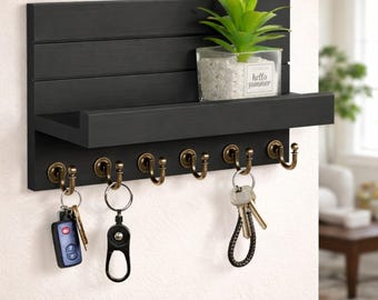 Soporte de pared moderno para llaves con estante, organizador de entrada con 5 ganchos, soporte para correo, perchero de pared para llaves, regalo de inauguración de casa, decoración del hogar