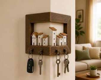 Soporte de pared de madera para llaves con 4 ganchos, organizador rústico para la entrada, perchero de estilo granja, soporte de pared para llaves, correas y correo, decoración del hogar