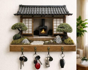 Llavero japonés de pared estilo jardín zen, organizador de madera para la entrada, colgador de pared con 4 ganchos, decoración minimalista para el hogar, regalo de inauguración de casa