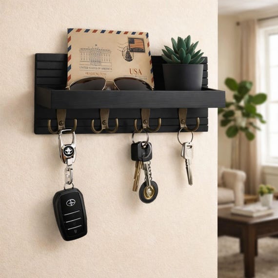 Rustic Wooden Key Holder Wall Mount with Mail Organizer Shelf –Farmhouse Entryway Key Rack with 4 Double Hooks for Keys,Sunglasses & Letters