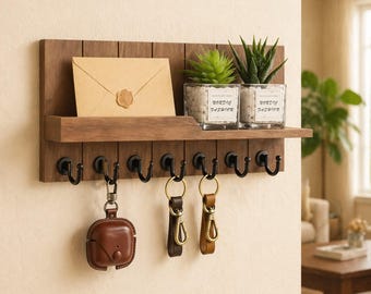 Llavero de pared con estante, perchero de madera para llaves, organizador de entrada, soporte para llaves y correo, decoración rústica de granja, regalo de inauguración de casa
