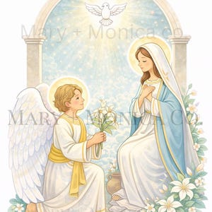 Può includere: Illustrazione ad acquerello raffigurante un angelo che offre gigli a una donna in abito bianco e blu. Una colomba aleggia sopra, incorniciata da un arco. Il testo "Mary + Monica Co" è visibile.