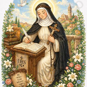 Può includere: Illustrazione di una donna in abito bianco e mantello nero, che scrive in un libro. Tiene un crocifisso e un rosario. Una colomba vola sopra di lei. L'immagine è incorniciata da fiori e uno striscione con "BE WHO GOD MEANT YOU TO BE".
