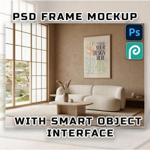 May include: A mockup of a framed poster in a modern living room setting. The poster features the text "YOUR DESIGN HERE" and a colorful abstract design. The room includes a white sofa, wooden coffee table, and large window.