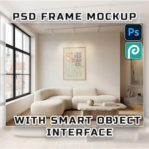 Iluminación de galería, sala de estar, maqueta PSD, objeto inteligente, sofá de bouclé color crema, marco de póster, interior