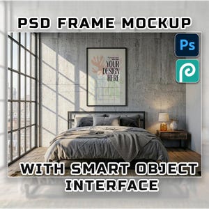 Black Frame Mockup, Industrial Loft Bedroom, Vertical Poster PSD (Digital Download)