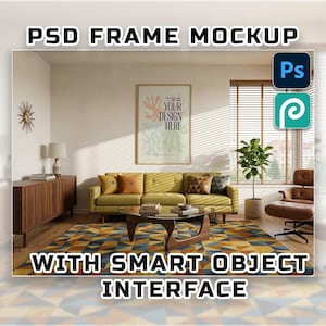 May include: Interior design mockup featuring a living room with a yellow sofa, framed artwork, and a patterned rug. The image includes text: PSD FRAME MOCKUP WITH SMART OBJECT INTERFACE.