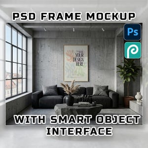 Concrete Wall Living Room PSD Mockup Smart Object Brutalist Interior Poster Frame Scene