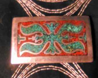 Zuni antique silver turquoise and corral belt buckle marked famous Zuni silversmith