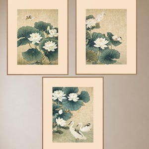 Kraniche Poster 3er Set | Japandi Wanddeko asiatisch | Lotus Kunstdruck Aquarell | Japandi Wall Art Set | Digitaler Download