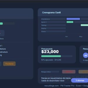 May include: A dark blue digital interface displaying project management data. The interface includes progress bars, a Gantt chart, budget information, and resource allocation details. Text includes "NexusForge" and "PM Tracker Pro".