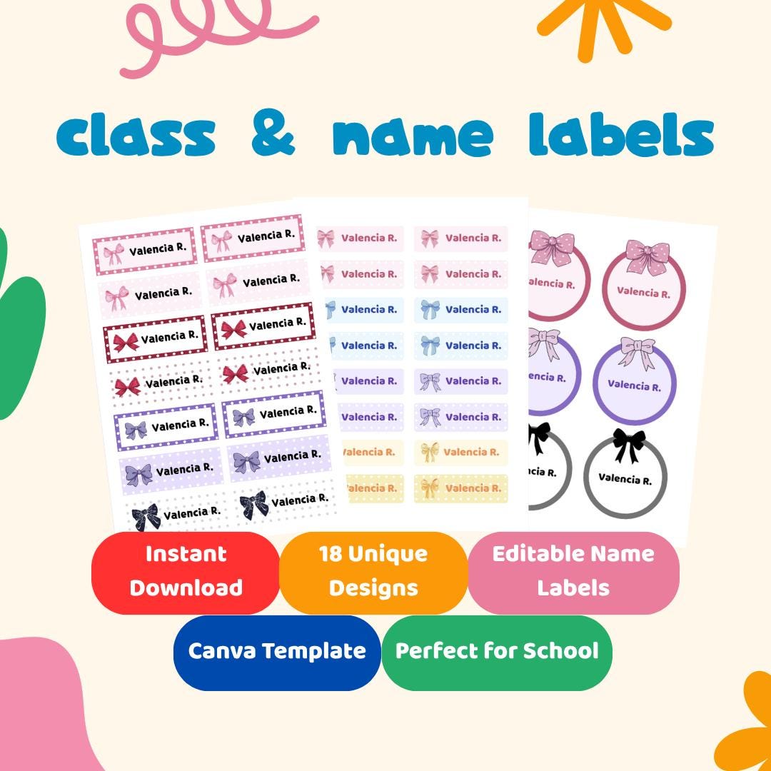 Editable Kids Name Labels Printable, Class Labels for School, Ribbon ...