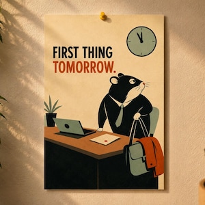 Könnte beinhalten: Ein rechteckiges Wandposter mit einem schwarzen Hamster in Anzug und Krawatte, der an einem Schreibtisch mit Laptop und Topfpflanze steht. Der Text lautet FIRST THING TOMORROW. Über dem Hamster befindet sich eine Uhr. Eine Aktentasche mit einem orangefarbenen Tuch hängt am Schreibtisch, der mit einer gelben Reißzwecke an der Wand befestigt ist.