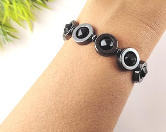 Geometrische armband van zwarte obsidiaan en hematiet – Handgemaakte edelsteen sieraden voor unisex – Sluiting van roestvrij staal