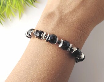 Armband van zwarte obsidiaan voor dames – Handgemaakte edelsteen sieraden – Roestvrijstalen sluiting – Elegante kristallen armband – Cadeau voor bescherming en kracht