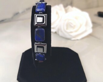 Lapis lazuli-hematietarmband, handgemaakte minimalistische sieraden van blauwe steen, roestvrijstalen sluiting
