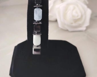 Handgemaakte aquamarijn hematiet armband, minimalistische blauwe edelsteen sieraden, roestvrijstalen sluiting