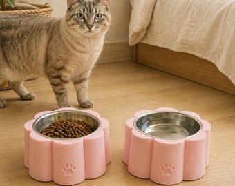 Flower Elevated Pet Bowl Set, 3D Printed Cat or Dog Feeder with Stainless Bowls