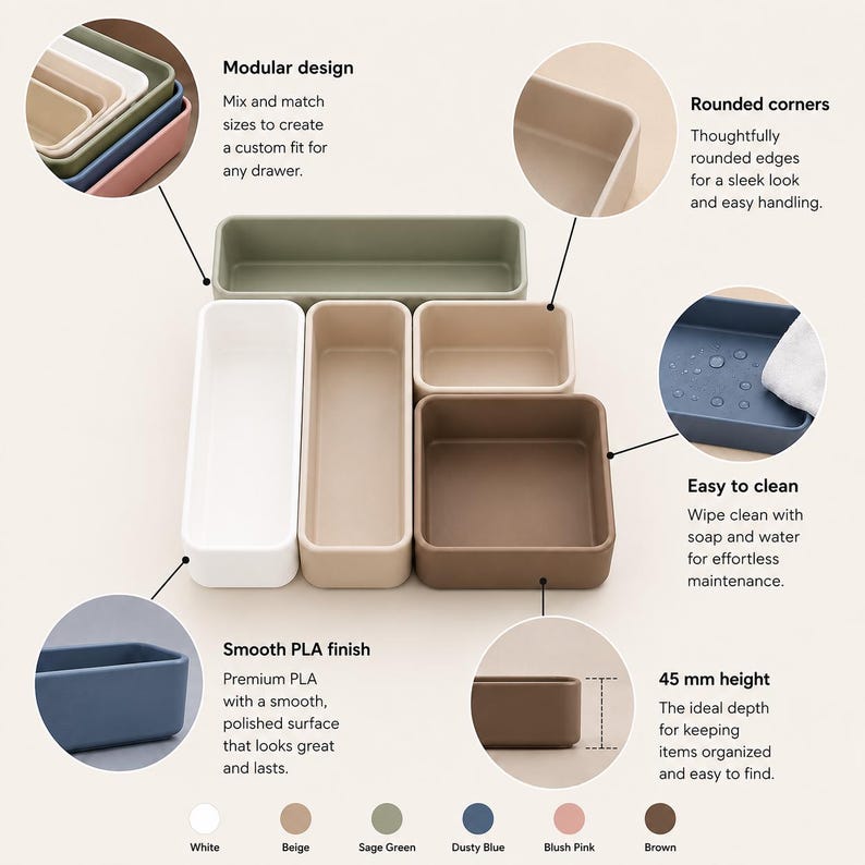 Modular Kitchen Drawer Organizer Set, Custom PLA Storage Trays in 5 Sizes image 5