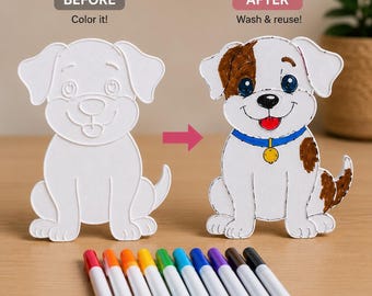 Reusable Puppy Coloring Kit, 2 Washable 3D Printed Figures with 5 Markers