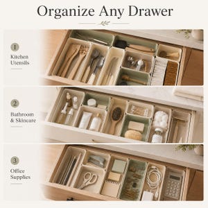 May include: A set of rectangular drawer organizers in sage green and cream colors, shown in three separate drawers containing kitchen utensils, bathroom skincare products, and office supplies, with the text Organize Any Drawer.