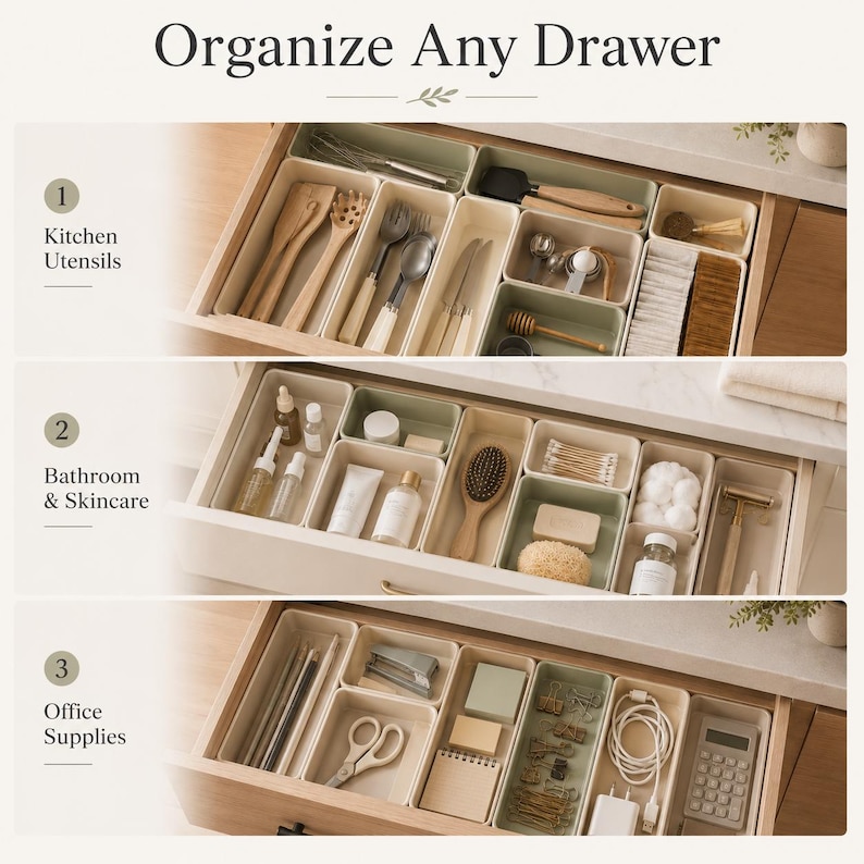 May include: A set of rectangular drawer organizers in sage green and cream colors, shown in three separate drawers containing kitchen utensils, bathroom skincare products, and office supplies, with the text Organize Any Drawer.