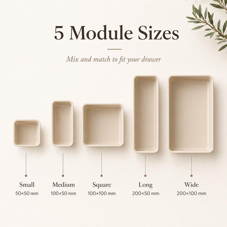 May include: Five beige rectangular and square drawer organizer trays in various sizes. Text reads 5 Module Sizes, Mix and match to fit your drawer, Small 50x50 mm, Medium 100x50 mm, Square 100x100 mm, Long 200x50 mm, and Wide 200x100 mm.