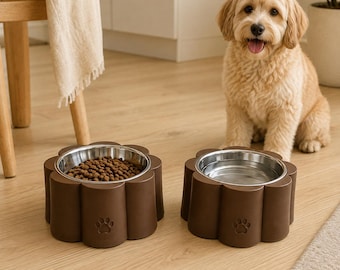 3D Printed Cat or Dog Feeder with Stainless Bowls. Flower Elevated Pet Bowl Set.