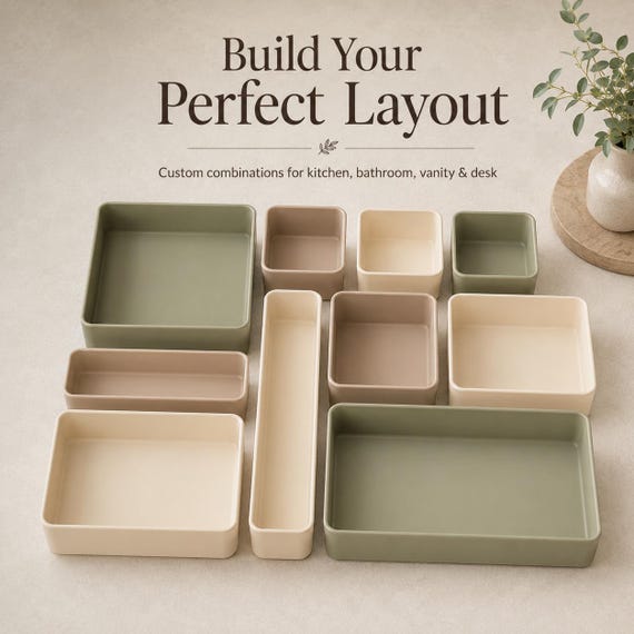 Modular Kitchen Drawer Organizer Set, Custom PLA Storage Trays in 5 Sizes