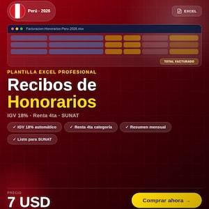 May include: A digital Excel template for professional invoices, featuring a red and dark blue color scheme. The template includes sections for invoice details, with text in Spanish, and the price is listed as 7 USD. The template is designed for Peru in 2026.
