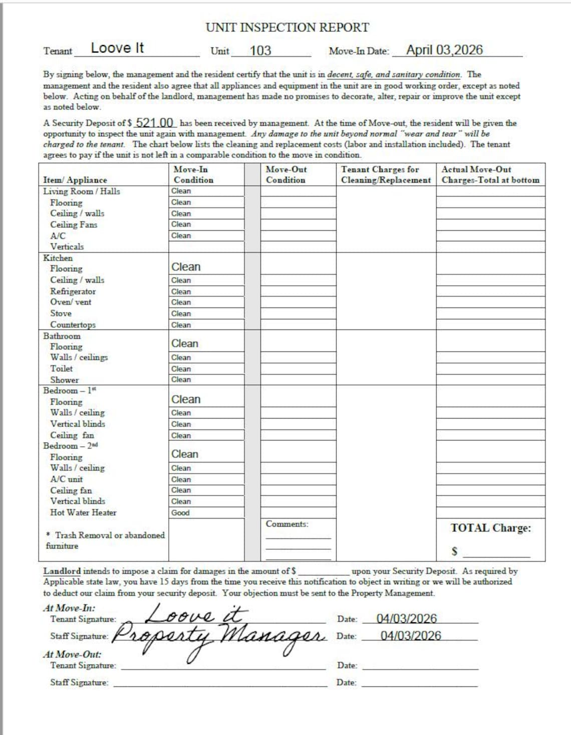 Unit Inspection Report | Move in Move Out Checklist | Rental Property ...