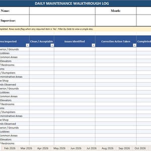 May include: A detailed daily maintenance walkthrough log template. The blue and white spreadsheet includes sections for property name, supervisor, date, area inspected, and corrective actions. The log covers various areas like grounds, restrooms, and offices.