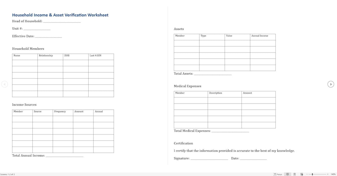 Lihtc Income Asset Worksheet.pdf Household Income and Asset Verification Worksheet | Fillable PDF and ...