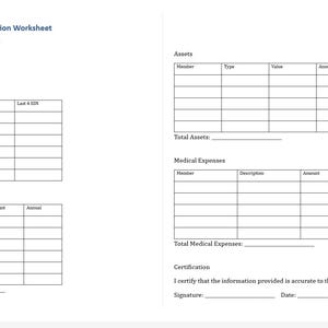 May include: A two-page worksheet titled "Household Income & Asset Verification Worksheet." The form includes sections for household members, income sources, assets, and medical expenses. It also has a certification section for signature and date.