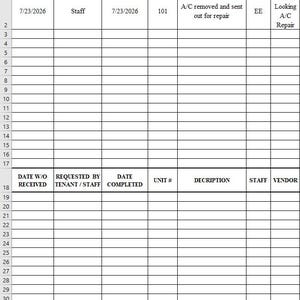 Op de afbeelding: Een spreadsheet met kolommen voor het bijhouden van werkorders, inclusief datums, beschrijvingen, personeel en leveranciersinformatie. De eerste rij toont een vermelding voor A/C-reparatie, met datum, personeel en leverancier.