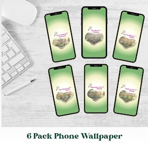May include: Six phone wallpapers with a green gradient background. Each phone displays a different garden scene with text such as "The Bee's Knees" and "The Endless Summer". The phrase "6 Pack Phone Wallpaper" is at the bottom.