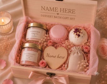 Custom Engraved name, Spa Gift Box | Engraved Keepsake Wood Box, Handmade Bath Salts, Artisan Soaps, Muslin Bag, Wooden Spoon