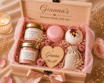 Your Name Engraved, Spa Gift Box | Engraved Keepsake Wood Box, Handmade Bath Salts, and Soaps
